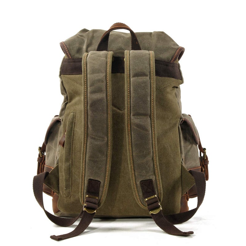 WUDON Men Travel Backpack, Genuine Leather-Waxed Canvas Shoulder Hiking Rucksack (Green) - Image 4